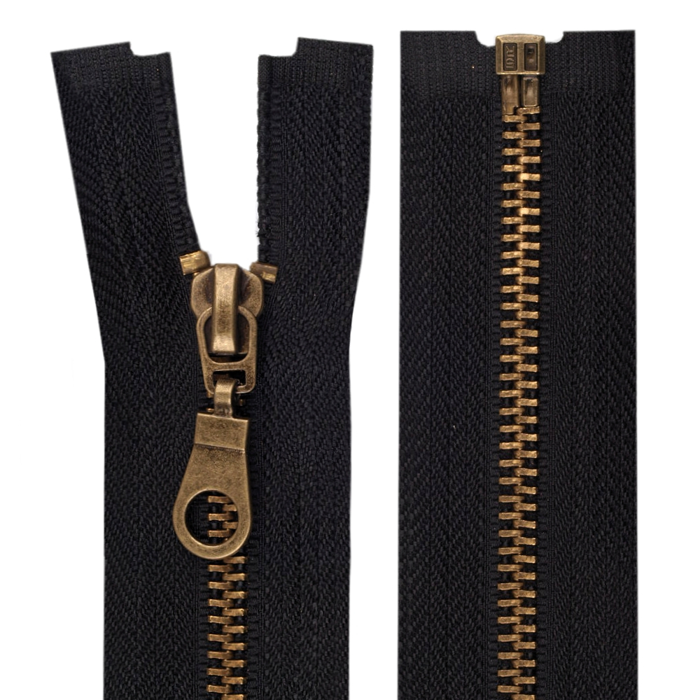 Reißverschluss aus Altmessing - 75cm - teilbar - Schwarz (322)